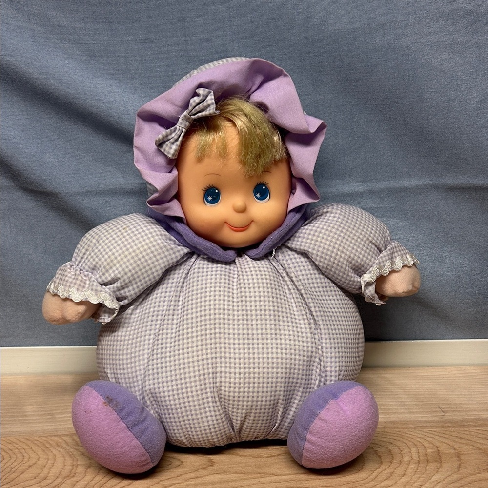 Adorable Vintage purple Gingham Patapouf Rag Fabric Doll, 9 inches